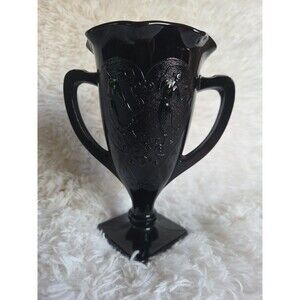 1930's LE SMITH Glass Black Amethyst Trophy Vase Embossed Dancing Nymphs ANTIQUE